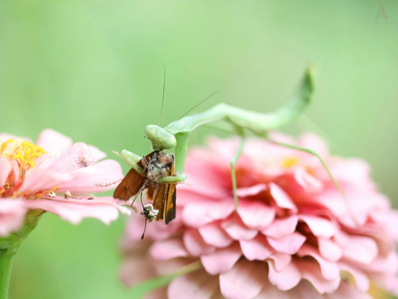 Praying mantis eating month. Image complements the blog addressing benefits of praying mantis and answering are praying mantis are good for gardens. 