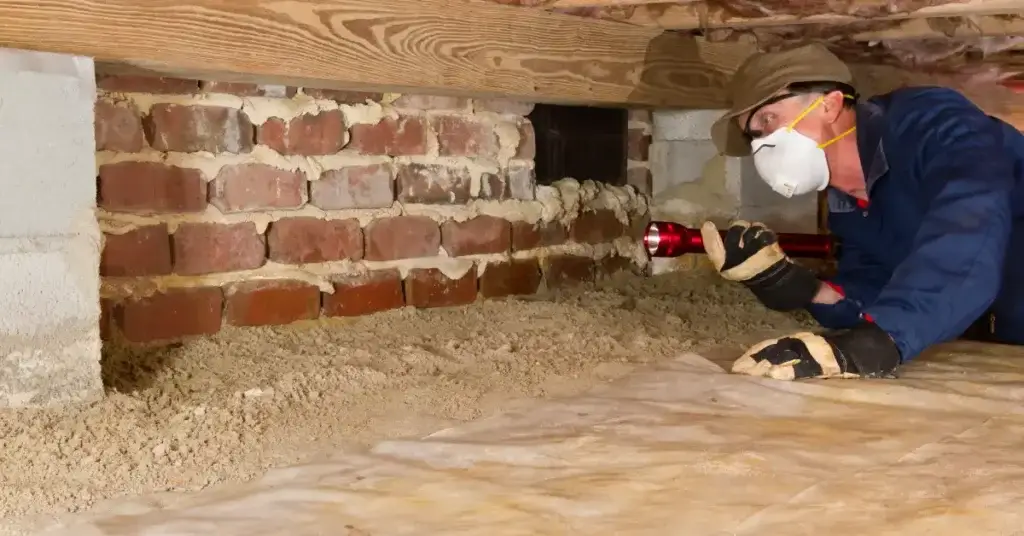 Picture of a crawlspace inspector underneath a home for the article about what is crawlspace encapsulation?