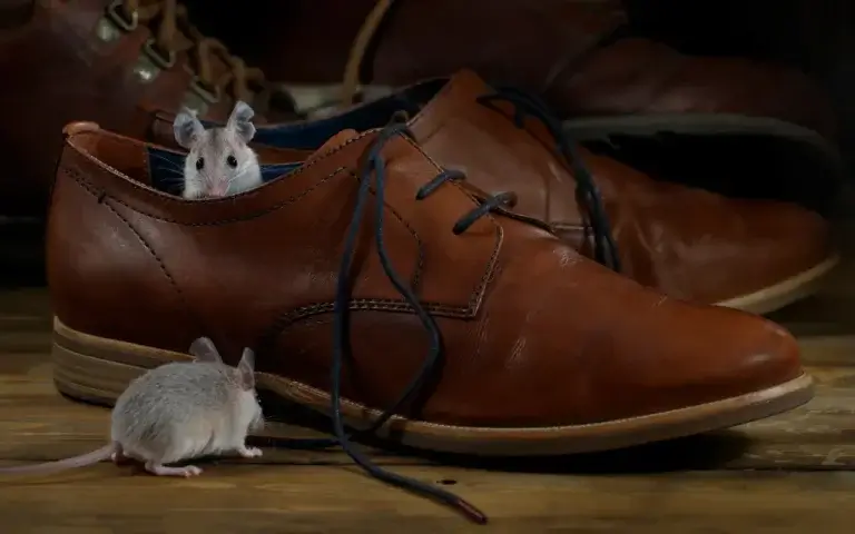 Two mice inside a person's shoe for the blog about how do mice get into your house?