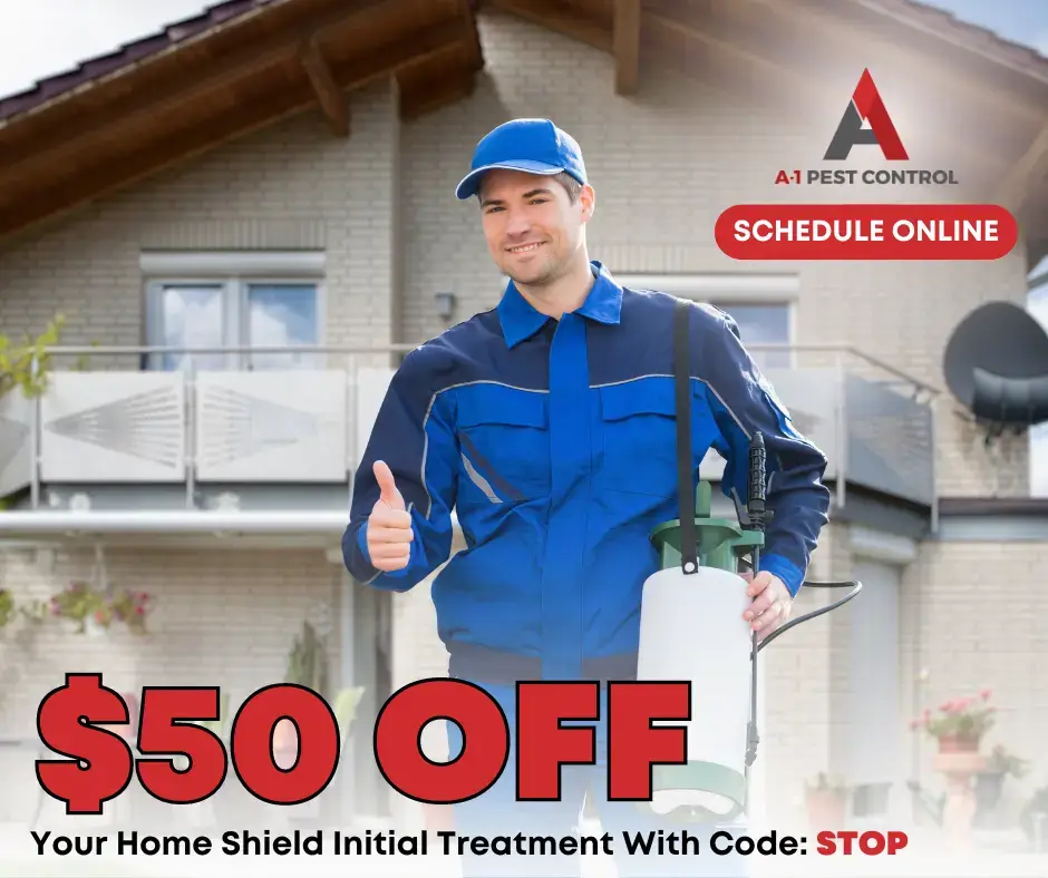 Picture of A-1 Pest Control exterminator with ad copy that says $50 off initial pest control treatment.