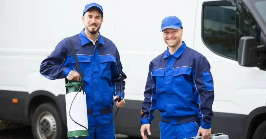 Picture of 2 exterminators for the article about tips on how to choose a pest control company.