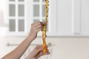 Close up of a sticky yellow insect trap being held up by someones hands