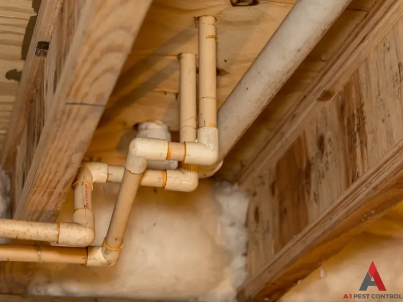 A crawlspace with moisture on the walls. 