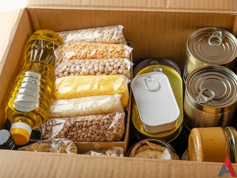 A box of oil, dried pantry food, sardines, and canned goods. 