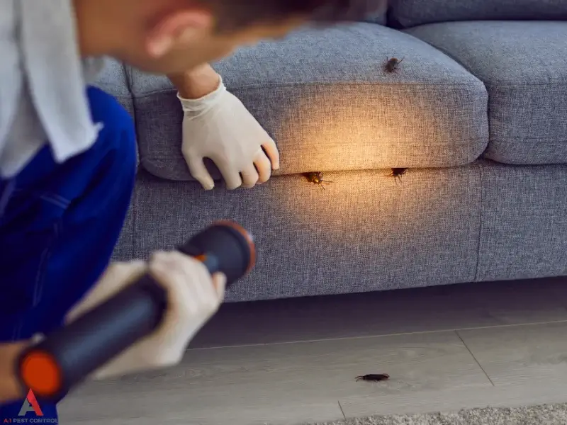 A pest technician searches for bed bugs in a couch. This image is for the page "Bed Bug Control in Huntersville, NC"