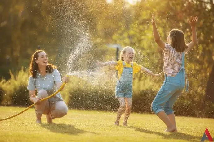 A mom and two daughters outside enjoying time with the water hose. This image is for the service page titled "Mosquito Control in Huntersville, NC."