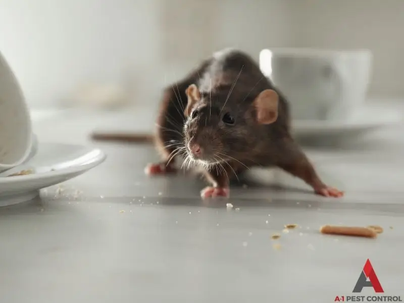 A mouse on a kitchen counter. 