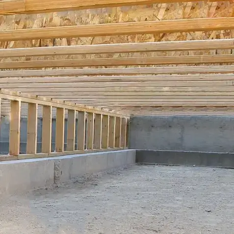 crawl space encapsulation in Banner Elk, NC is provided in this basement with wooden structures.