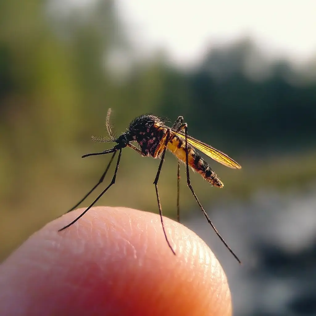 A Gallinipper Mosquito with a black and brown body and long legs rests on a finger.