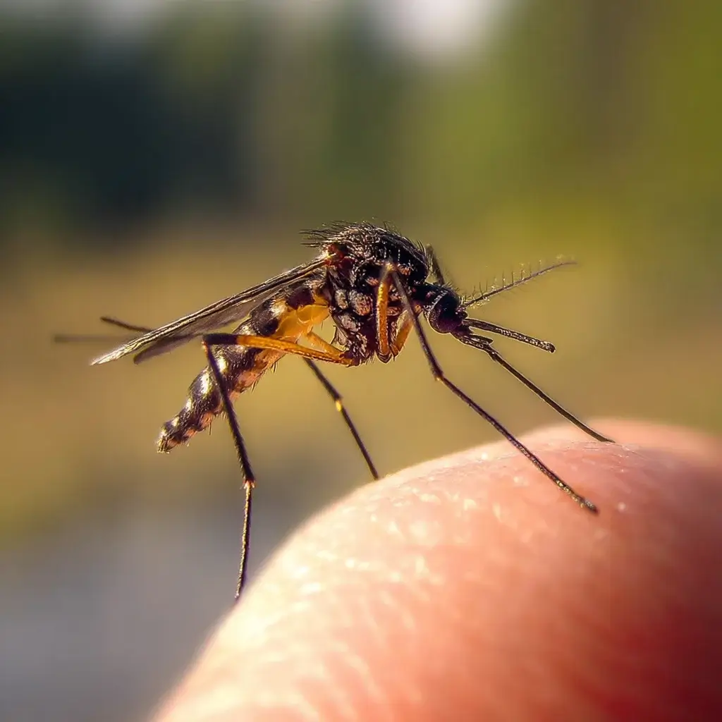 A Gallinipper Mosquito with a black and brown body and legs rests on someone's finger tip. 