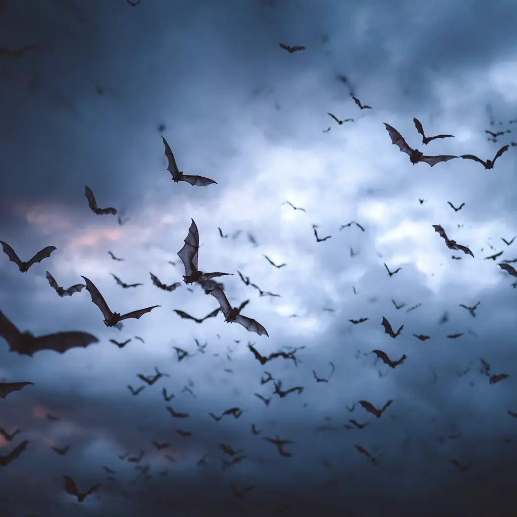 Bats in the night sky. This image accompanies the page "Asheville Wildlife Removal."
