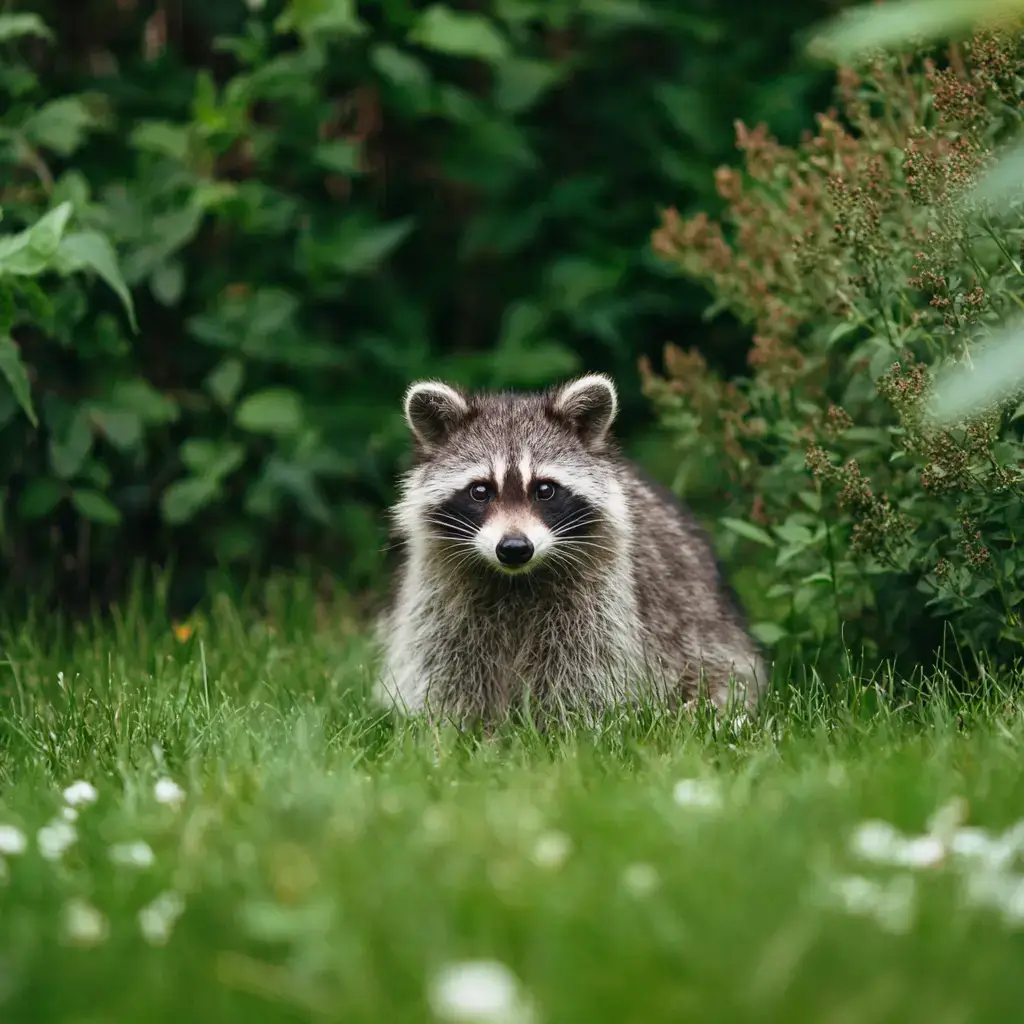 Raccoon sitting in lush grass. This image accompanies the page "Asheville Wildlife Removal."