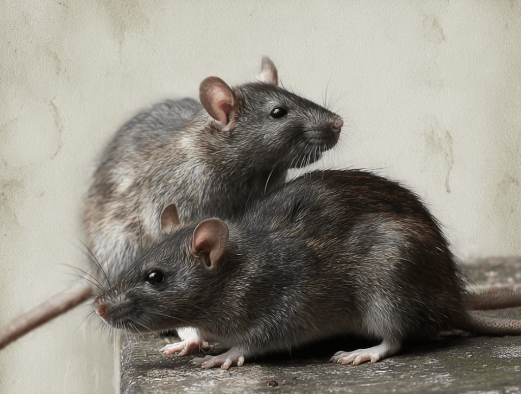 two roof rats with slightly larger eyes, thick tails, and small ears.