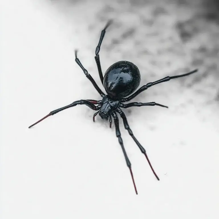 A false black widow spider is shiny and black with no red hourglass