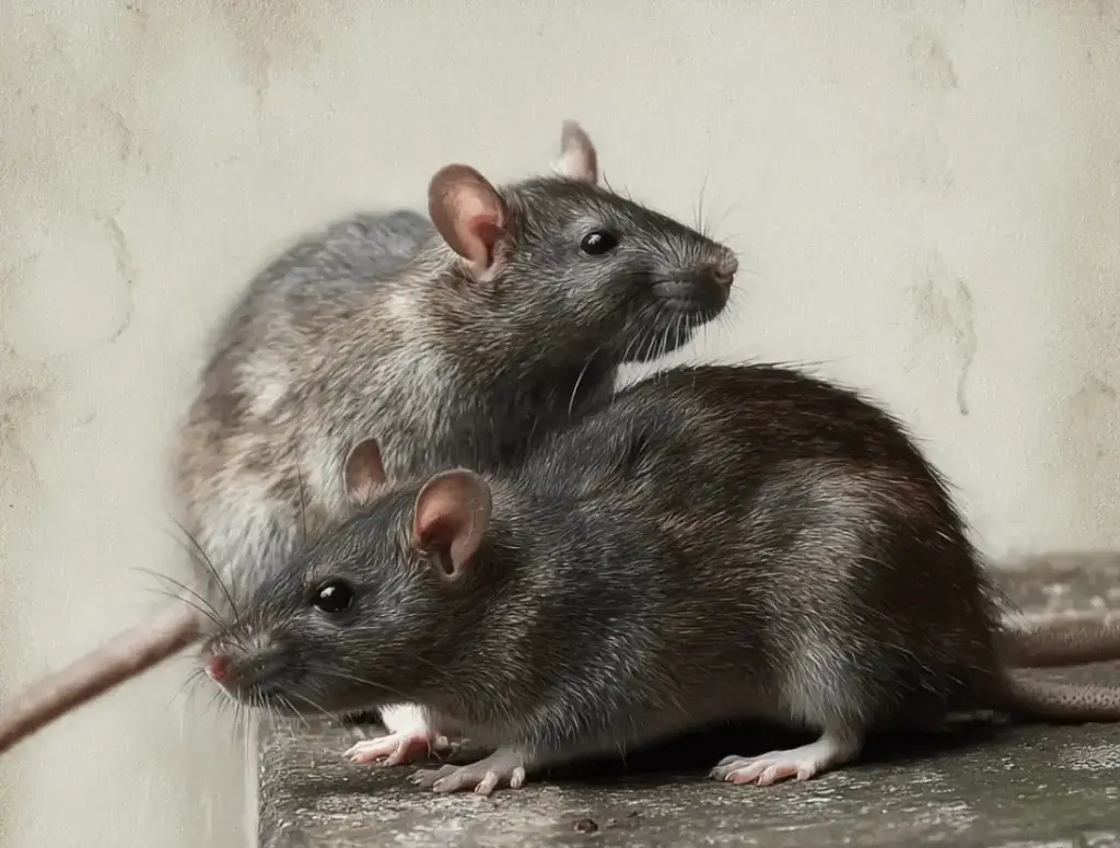 two roof rats with slightly larger eyes, thick tails, and small ears.