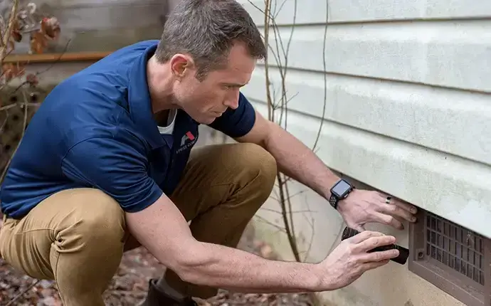 A technician kneels beside a home’s foundation to inspect an exterior vent, demonstrating professional rodent extermination in Linville.
