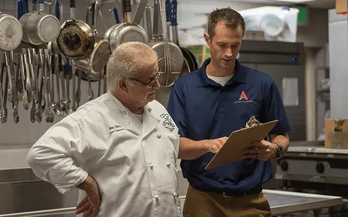 Pest professional and business owner review results of a pest inspection, highlighting the need for commercial pest control in Asheville, NC.