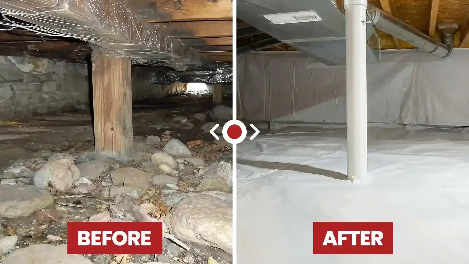 before and after images of crawl space encapsulation