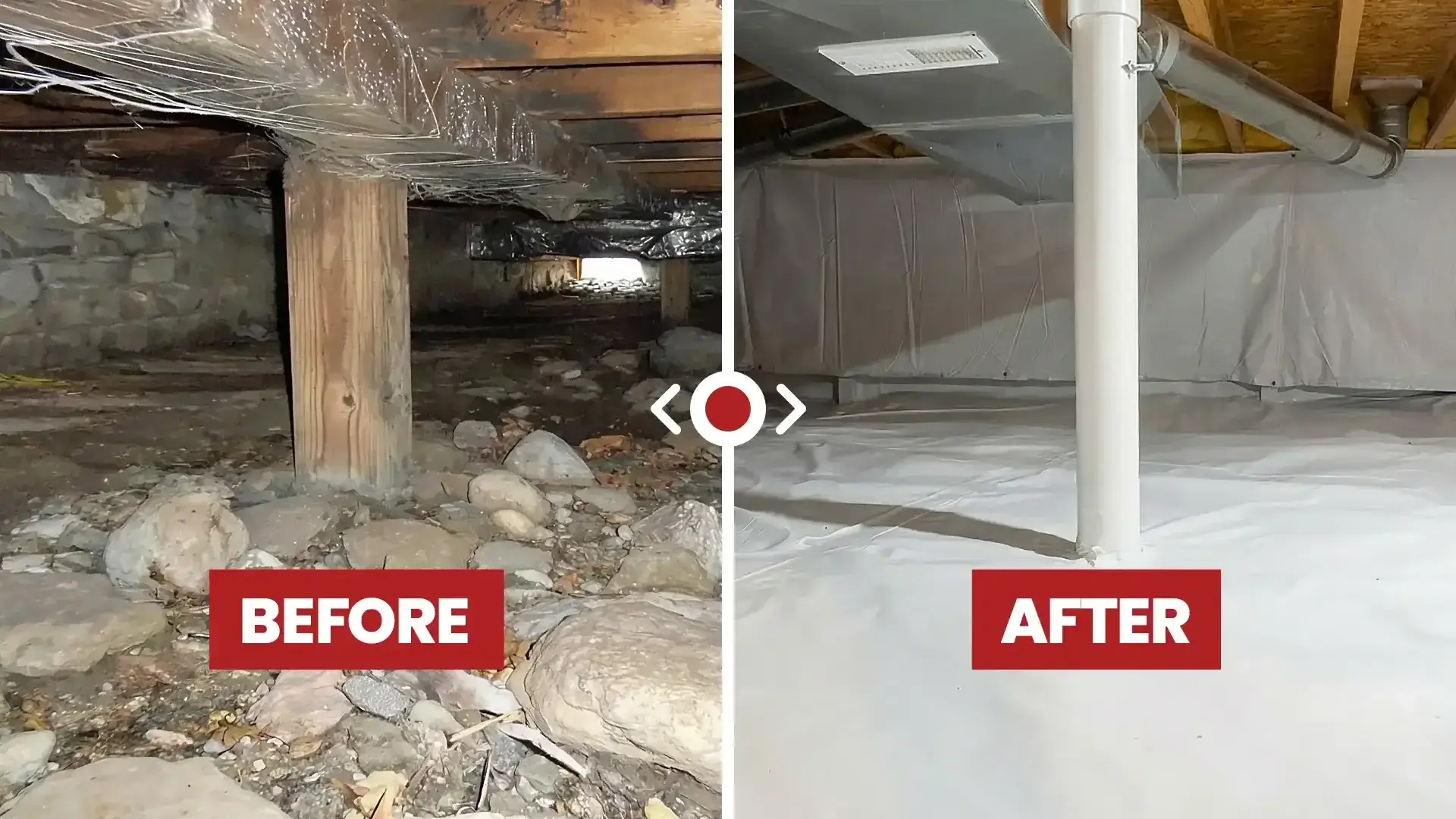 before and after images of crawl space encapsulation